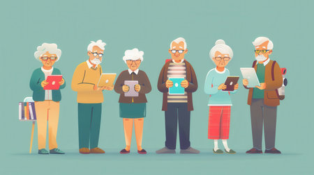 A group of elderly individuals uses various digital devices together, enjoying each other's company during an afternoon gathering at a community center.の素材