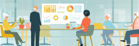Elderly people participate in a business meeting, discussing charts and graphs in a bright, contemporary office environment.の素材