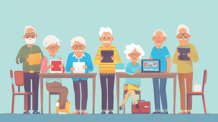A group of elderly individuals is gathered at a table, actively using various technology devices and sharing experiences in a community center.の素材