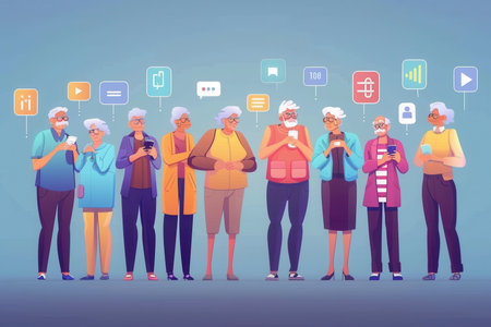 A group of elderly people is focused on their smartphones, interacting with various digital icons floating around them, showcasing modern technology.の素材
