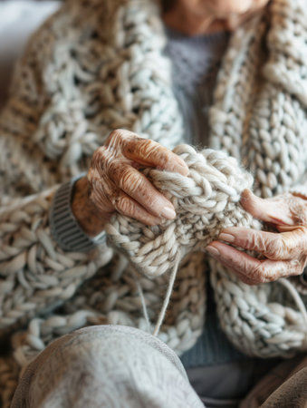 Elderly participants are focused on knitting, creating handmade crafts in a warm learning atmosphere that promotes creativity and community.の素材