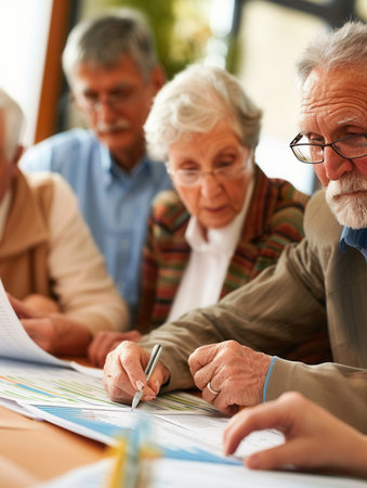 A group of elderly individuals collaborates on community planning, reviewing documents and sharing ideas at a local center during an afternoon meeting.の素材