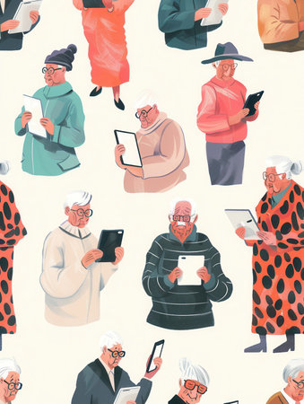 A diverse group of elderly individuals interacts with tablets and smartphones, showing their engagement in technology in a lively atmosphere.の素材