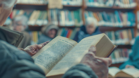 A group of elderly people studies foreign languages together, surrounded by textbooks and dictionaries in a warm, inviting library atmosphere.の素材