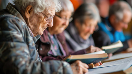 A group of elderly people are focused on studying foreign languages using textbooks and dictionaries in a cozy community center during an evening class.の素材
