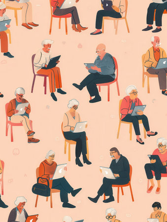 Elderly individuals participate in various activities with laptops, seated comfortably in a warm and inviting indoor setting.の素材