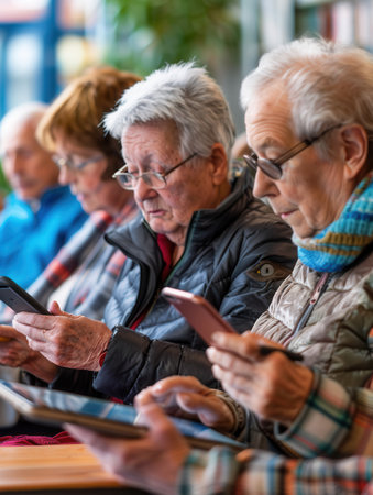 Seniors are focused on their devices, enjoying time together in a warm cafの素材