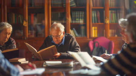 Elderly people study foreign languages, surrounded by bookshelves filled with literature, engaged in learning with textbooks and dictionaries.の素材