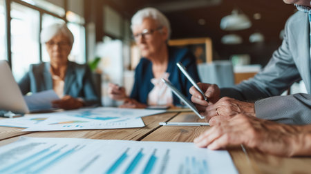 Three elderly individuals review financial documents while seated at a rustic wooden table in a warm cafe atmosphere.の素材