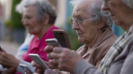 A group of elderly women is focused on their smartphones, enjoying their time outside the assisted living facility, discussing and sharing experiences.の素材