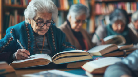 Groups of elderly individuals study foreign languages together, using textbooks and dictionaries in a warm and inviting library atmosphere.の素材