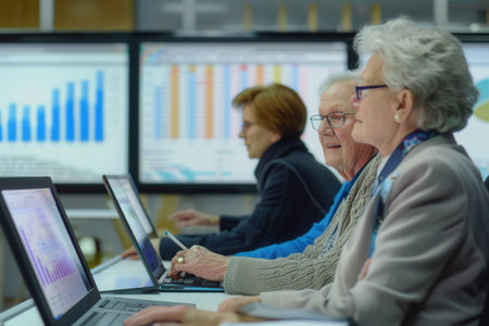 Elderly participants engage in a technology class at a community center, using laptops while analyzing charts and graphs displayed on large screens.の素材
