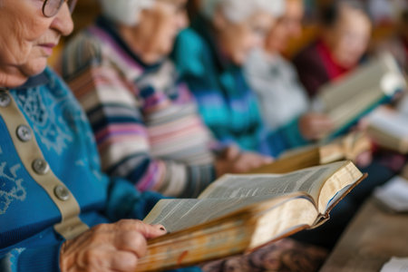 A group of elderly individuals studies foreign languages using textbooks and dictionaries, displaying enthusiasm and dedication to learning.の素材