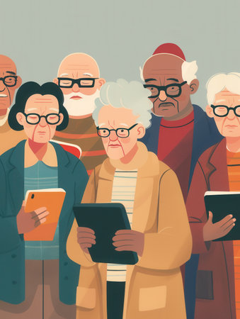 A group of elderly people attentively uses tablets and smartphones during a community workshop focused on technology.の素材
