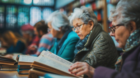 Groups of elderly people focus intently on their foreign language textbooks and dictionaries as they study together in a cozy library setting.の素材