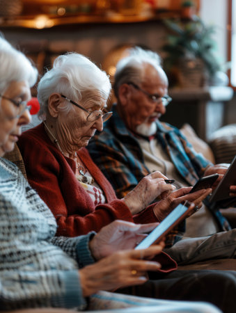 Three elderly individuals sit together, focused on their tablets, in a warm and inviting living room.の素材