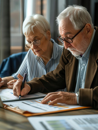 An elderly couple reviews documents together, sharing insights and making notes during their afternoon discussion at home.の素材