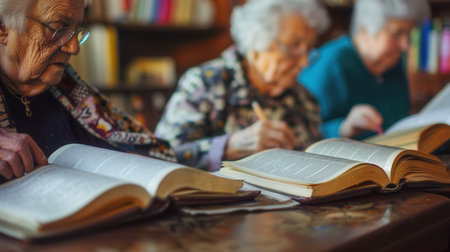 Three elderly people are deeply focused on studying foreign languages using textbooks and dictionaries in a warm and inviting library setting.の素材
