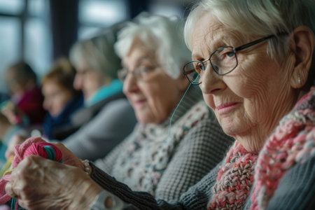 Elderly individuals focus on knitting and crafting together in a vibrant community center workshop, promoting creativity and social interaction.の素材