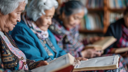 A group of elderly people studies foreign languages using textbooks and dictionaries in a warm, inviting library atmosphere.の素材