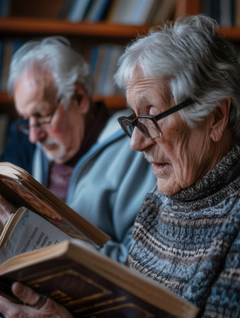 Senior citizens are focused on studying foreign languages, surrounded by textbooks and dictionaries in a warm, inviting library atmosphere.の素材