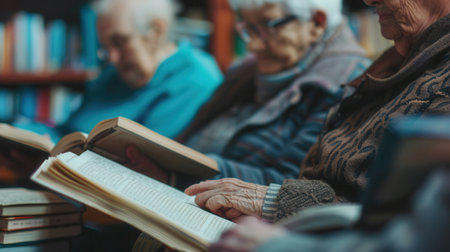 Elderly individuals focus intently on their foreign language textbooks and dictionaries in a cozy library environment during an afternoon study session.の素材
