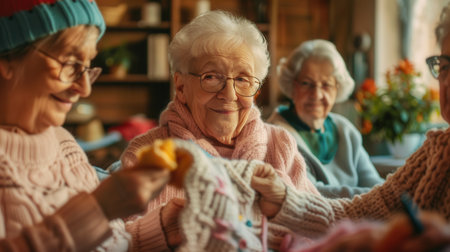 Elderly individuals participate in a knitting class, sharing smiles and creative ideas while crafting in a warm, inviting atmosphere.の素材