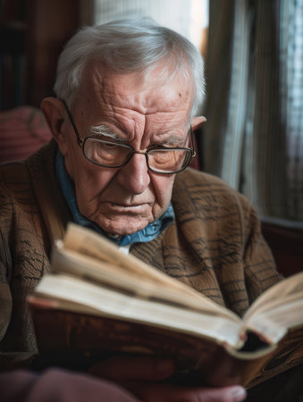 A group of elderly individuals is attentively studying foreign languages using textbooks and dictionaries in a warm, inviting indoor setting.の素材