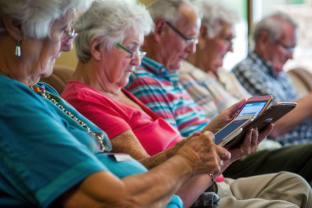 A group of elderly individuals sits together, focused on their tablets, enjoying a digital activity in a welcoming community space.の素材