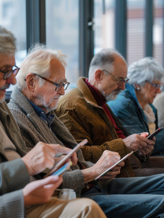 A group of elderly individuals sit together, interacting with their tablets and phones, enjoying the afternoon at a community center.の素材