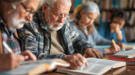 A group of elderly learners focus on studying foreign languages using textbooks and dictionaries in a warm library atmosphere.の素材