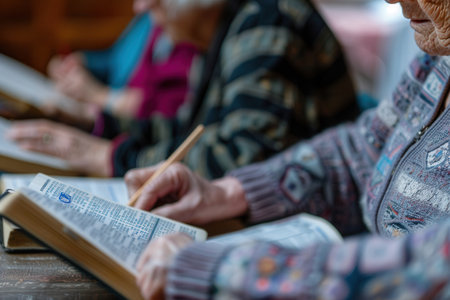 Group of older adults studying foreign languages together, using textbooks and dictionaries in a warm and inviting space.の素材