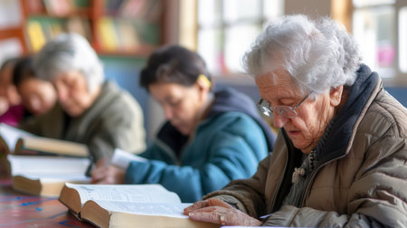 A group of elderly people study foreign languages, deeply focused on their textbooks and dictionaries in a cozy community setting.の素材