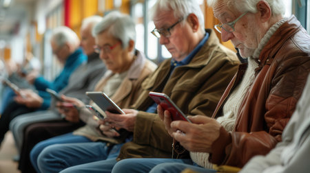 Several elderly people are focused on their mobile devices while seated in a train station, highlighting technology's role in their daily lives.の素材