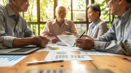 A group of elderly individuals collaborated on business strategies while reviewing charts and graphs at a bright and inviting table.の素材