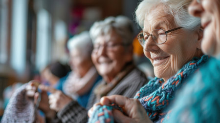 Elderly participants enjoy knitting and sewing together in a warm, engaging learning atmosphere focused on crafting skills.の素材