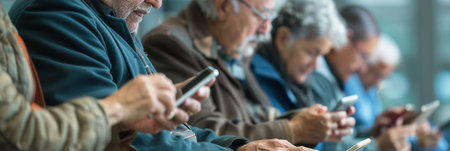 A group of elderly individuals are focused on their smartphones, seated in a well-lit waiting area filled with natural light.の素材