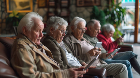 A group of elderly individuals relaxes on a couch, focused on their digital devices in a warm retirement home setting.の素材