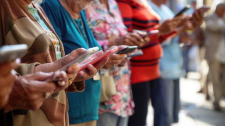 A group of elderly individuals is focused on their smartphones while participating in a community gathering under the bright afternoon sun.の素材