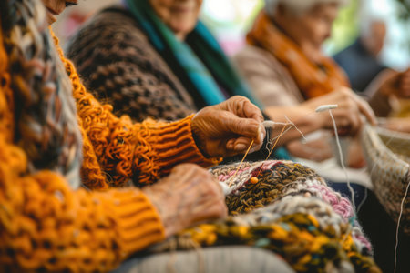 Elderly participants focus on knitting and sewing in a vibrant learning environment, showing their creativity and camaraderie.の素材
