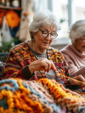 Two elderly participants are focused on their knitting projects in a friendly learning environment, showing creativity and craftsmanship.の素材