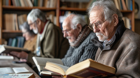 Elderly individuals study foreign languages using textbooks and dictionaries in a warm, inviting library setting filled with shelves of books.の素材