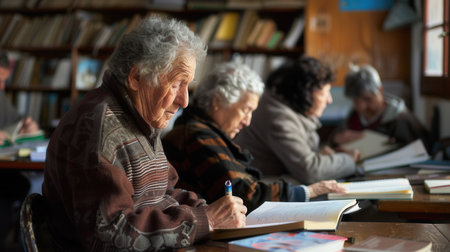 Elderly learners gather in a community space, focused on studying foreign languages using textbooks and dictionaries for their educational enrichment.の素材