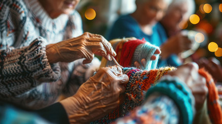 Seniors participate in a craft workshop, focused on knitting and sewing, fostering creativity and connection in a joyful community atmosphere.の素材