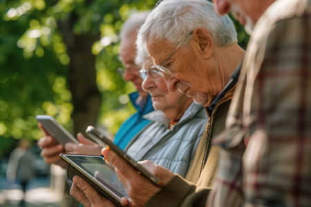 A group of elderly people attentively uses smartphones and tablets while enjoying a sunny afternoon in the park among lush greenery.の素材