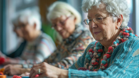 Elderly individuals focus on knitting and crafting activities while learning new techniques in a community center environment.の素材