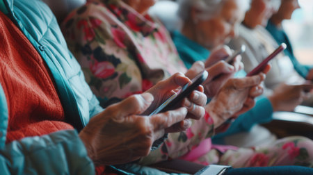 Elderly individuals focused on their smartphones while seated in a cozy gathering area at the senior center.の素材