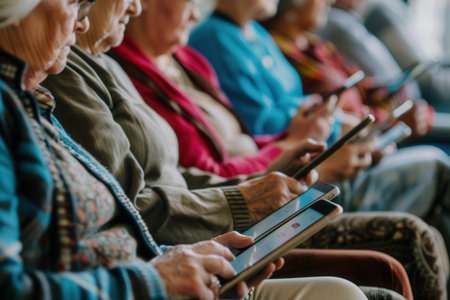 A group of elderly individuals actively learning to use tablets during a technology workshop at a community center.の素材