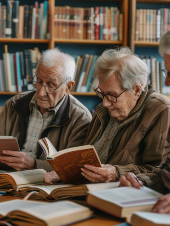 A group of elderly people studies foreign languages with textbooks and dictionaries in a cozy library filled with bookshelves.の素材