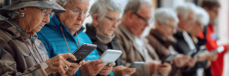 A group of elderly people closely examines their mobile devices while gathering in a community center during a bright afternoon.の素材